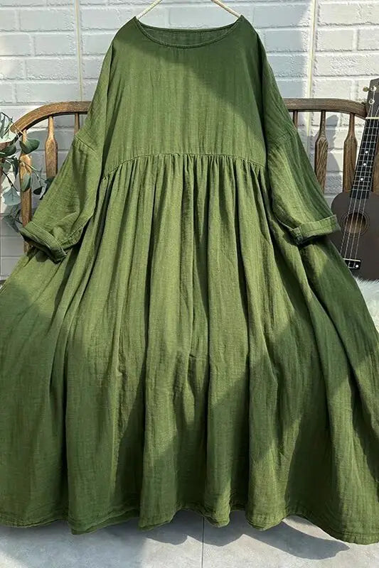 Artistic Vintage Plus Size Women's Long Dress – High Waist Loose A-Line Doll Dress, Ethnic Style Commuter Mid-Length Skirt