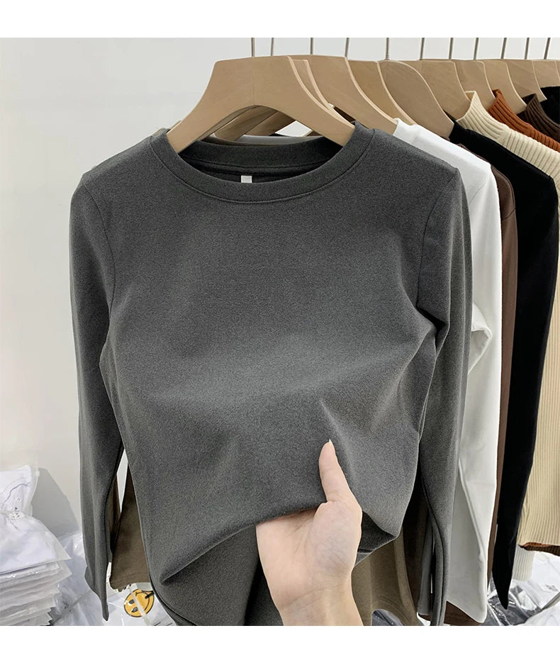 Women's Round Neck Fleece-Lined Long Sleeve Base T-Shirt ❄️ Slimming Inner Wear 👚 Korean Style Commute Fashion 🌟