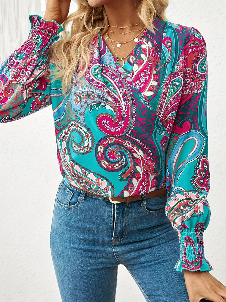 Spring Summer Women’s V-Neck Paisley Print Shirt – Pleated Sleeve Casual Fashion Top for Ladies 🌿✨