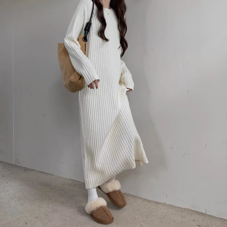 Plus Size Women’s Mid-Length Dress – Casual Round Neck Long Sleeve A-Line H-Line Skirt for Autumn Winter