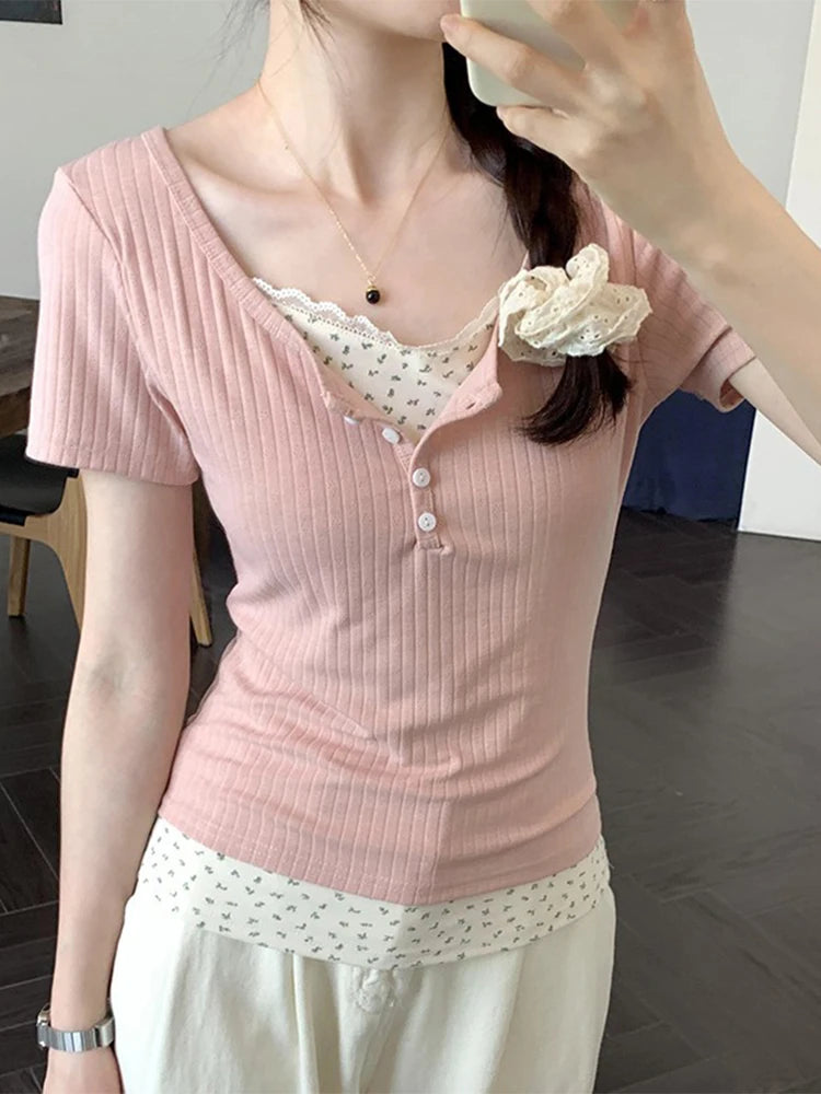 2025 Women’s Floral Patchwork Long Sleeve T-Shirt | False Two-Piece Lace Slimming Top | Korean Fashion