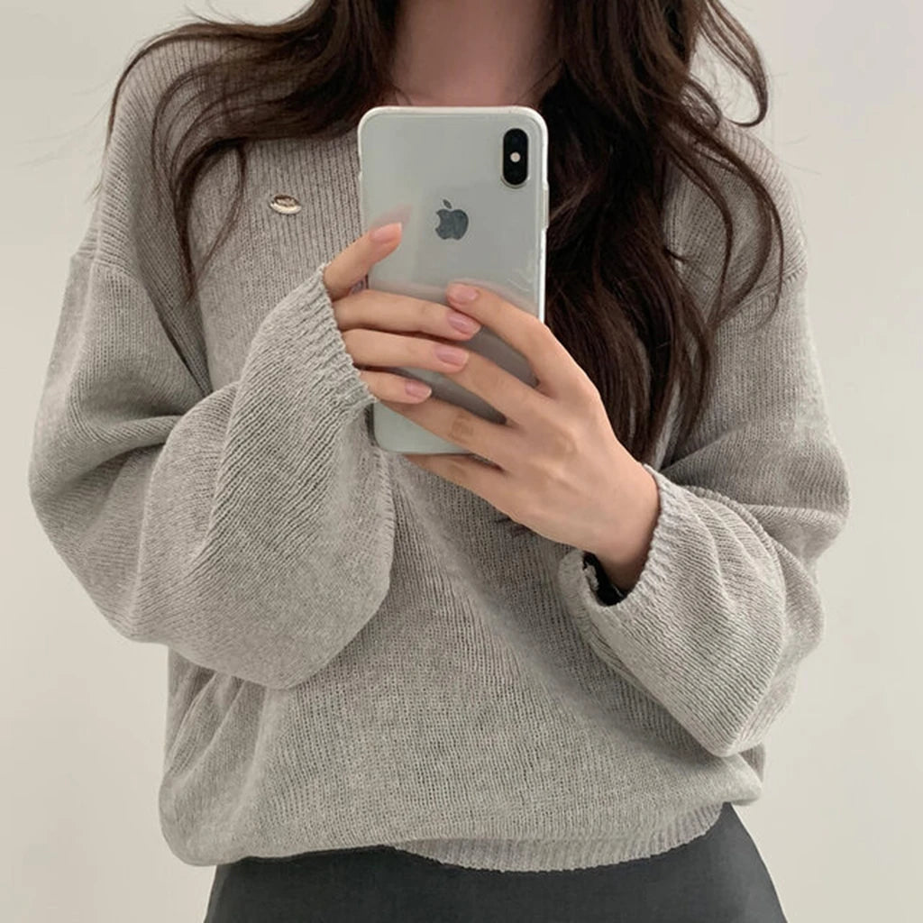 Loose Women’s Knitwear V-Neck Long Sleeve T-Shirt – Casual Comfortable Fashionable Autumn Top New Arrival