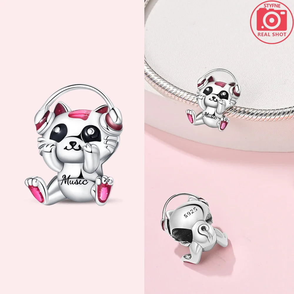 Original 925 Sterling Silver Pink Zircon Cat Dog Squirrel Red Heart Bead | Fit Bracelet Women DIY Jewelry Gift