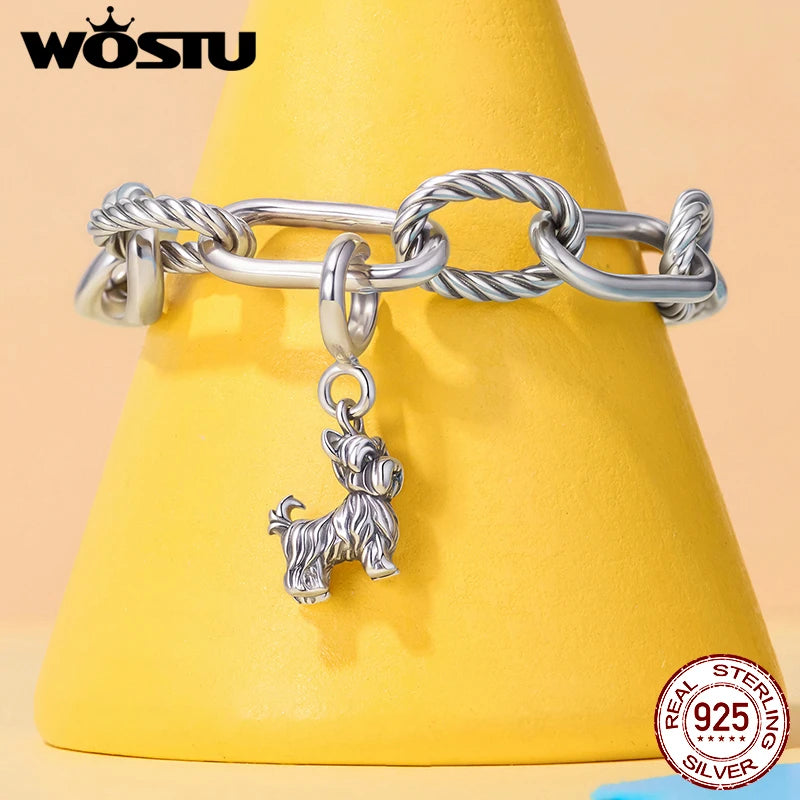 WOSTU 925 Sterling Silver Pet Dog Charm Pomeranian Yorkshire Terrier Pendant for Women Bracelet