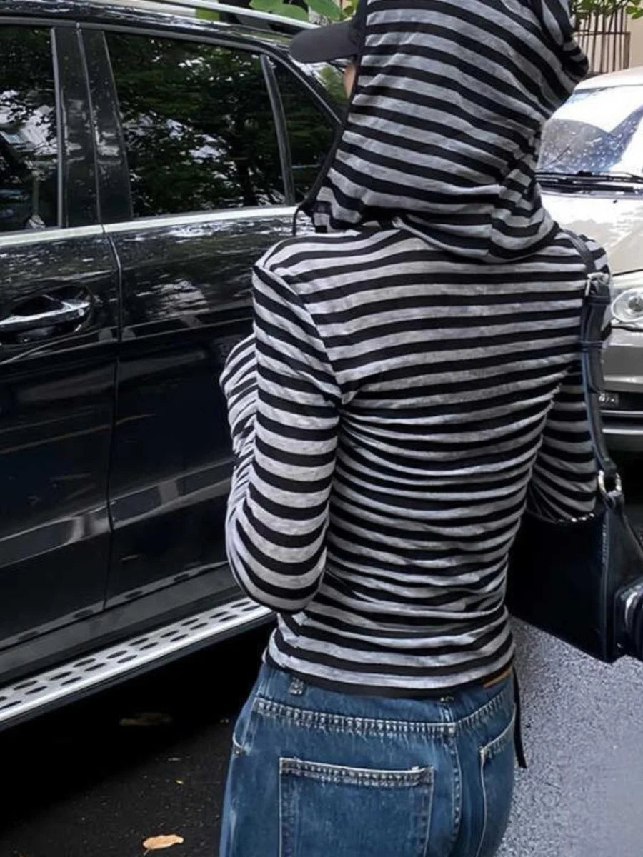 Women’s Slim Fit Long Sleeve Striped T-Shirt with Hat | 2025 Korean Style Knit Top | Early Autumn Fashion