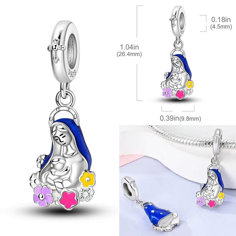 925 Sterling Silver Virgin Mary Dangle Charm | Fits Pandora Bracelet | Our Lady Pendant Bead | Religious DIY Jewelry Gift
