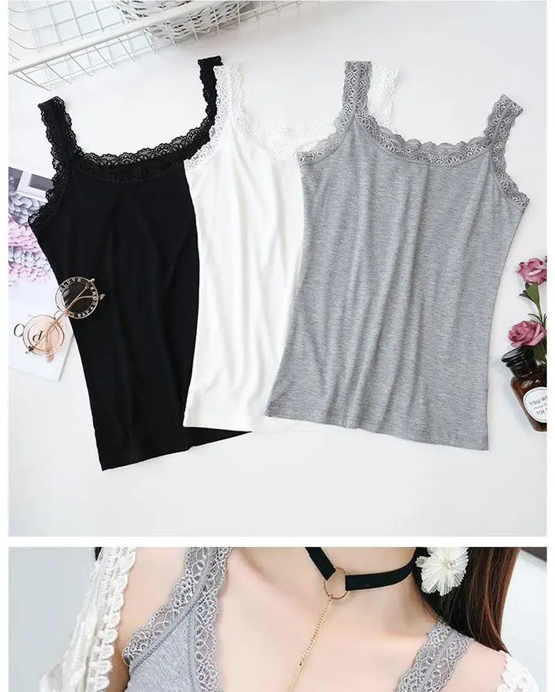 White & Black Lace Trim V-Neck Camisole | Plus Size Slim Crop Tank Top Sleep Vest