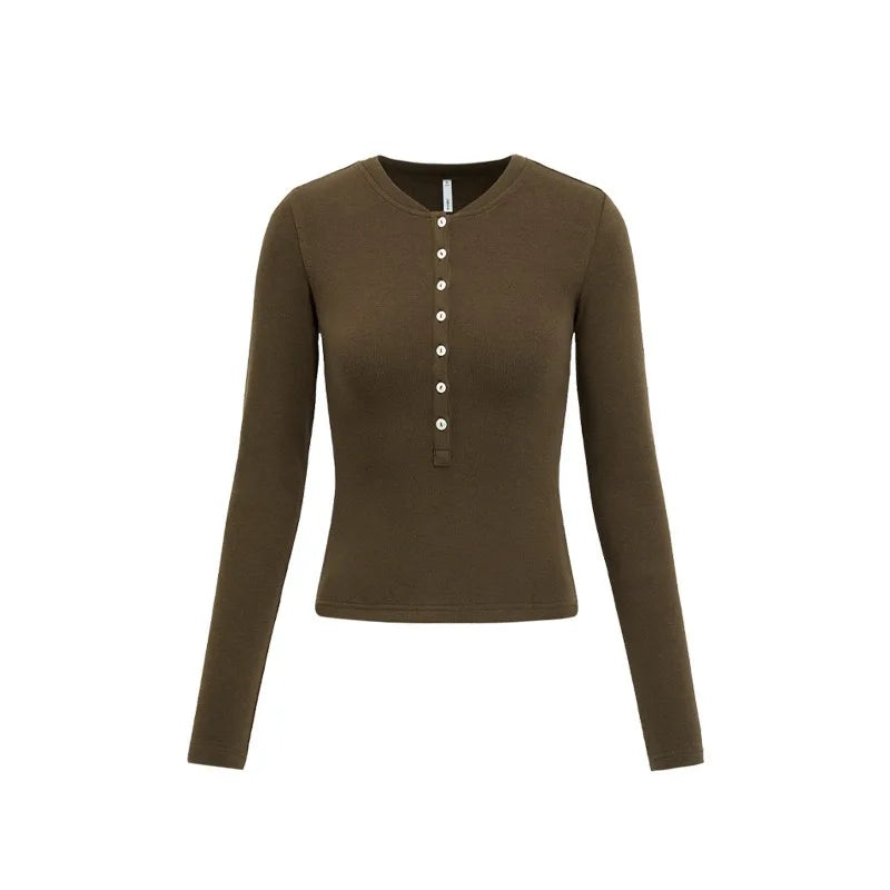 Women’s Casual Henley Neck Long Sleeve T-Shirt – Minimalist Solid Skinny Lenzing Lyocell Top
