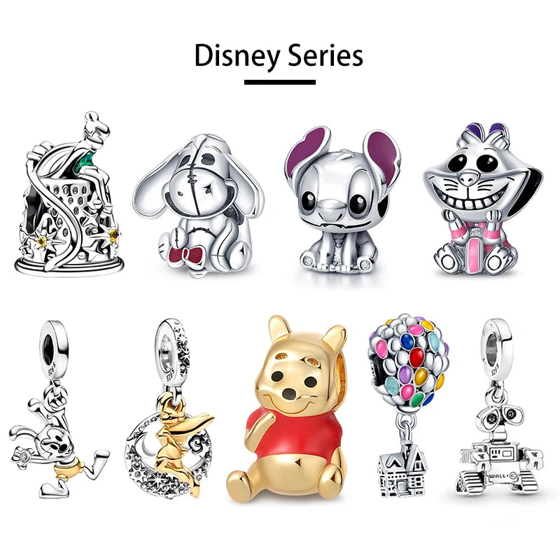 Disney 925 Sterling Silver Mickey, Winnie & Stitch Charm – DIY Pendant Beads for Original Bracelets