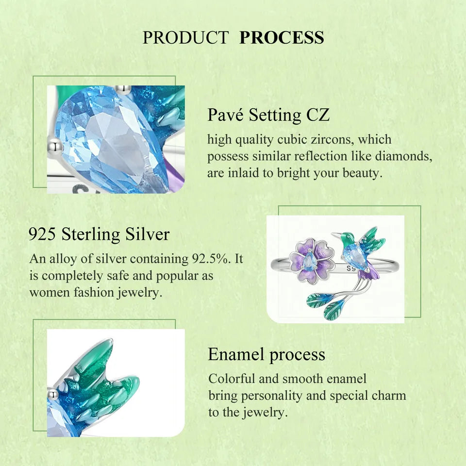 BISAER 925 Sterling Silver Floral Bird Open Ring | Adjustable White Gold Plated Flower Band for Women – Fine Party Jewelry