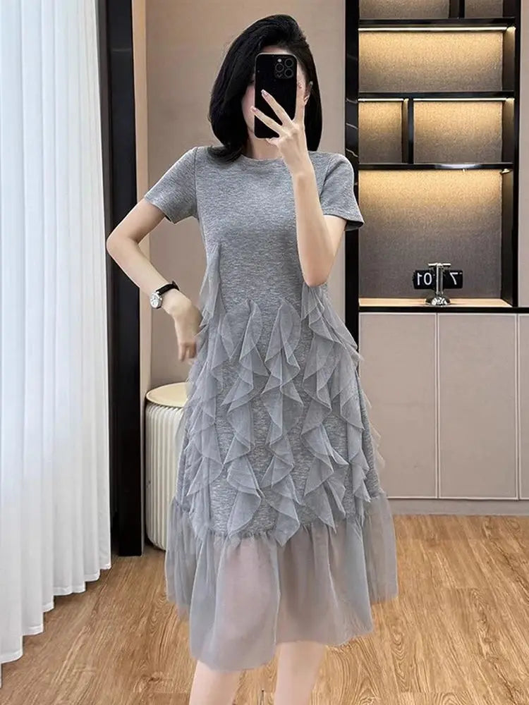 Plus Size Asymmetrical T-Shirt Dress | Slimming Mesh Splice Belly-Covering High Waist A-Line Dress | Summer Women’s Fashion