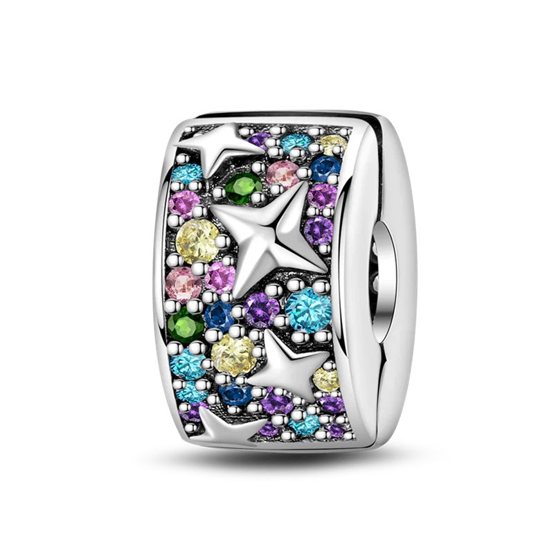 925 Sterling Silver CZ Pave Daisy Clip Charm & Safety Chain – Fits Original Pandora Bracelet, Women’s Silver Stopper Beads Jewelry