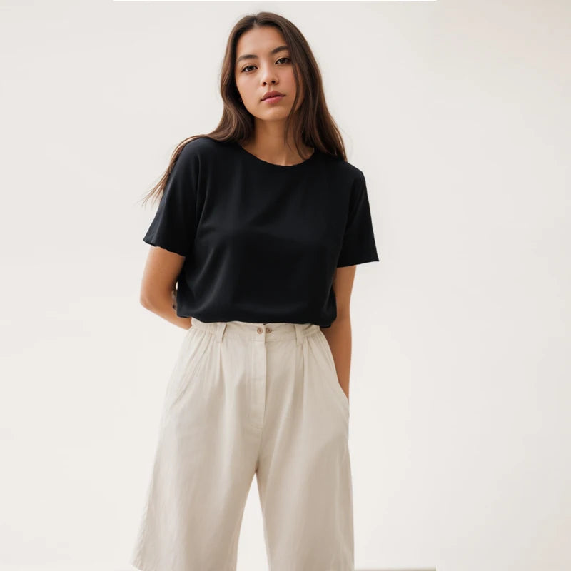 Women’s Y2K Cotton Heavyweight T-Shirt – Casual Short Sleeve O-Neck Tee Black & White