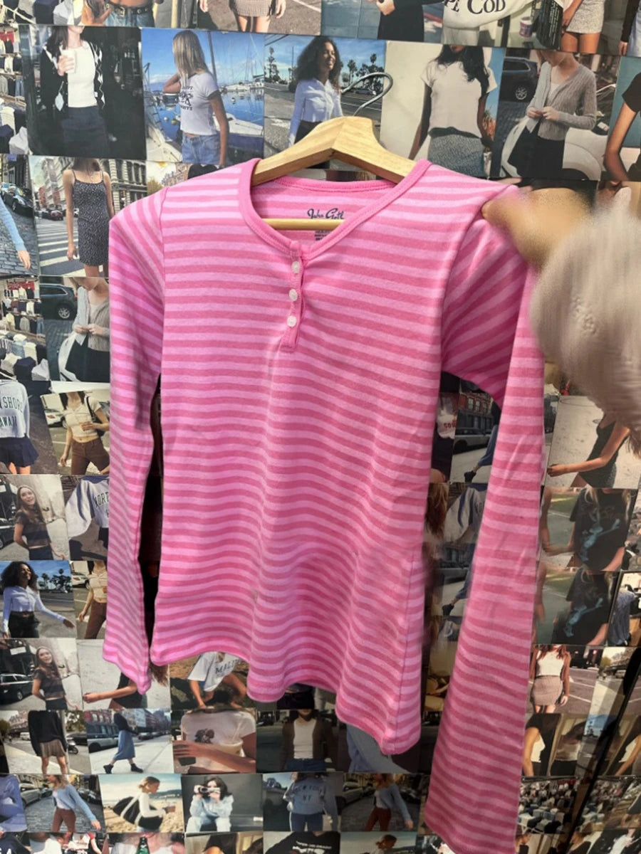 Women’s Pink Striped Slim Long Sleeve Tee | Casual Cotton O-Neck T-Shirt | Sweet Vintage Y2K Top