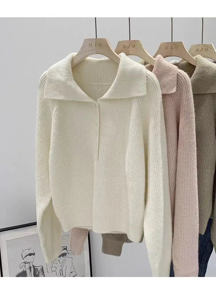 Pink Lazy Korean Style Big Collar Sweater – Women’s Autumn Winter Slim Soft Knitted Top | Sweet Loose Fit Versatile Knit