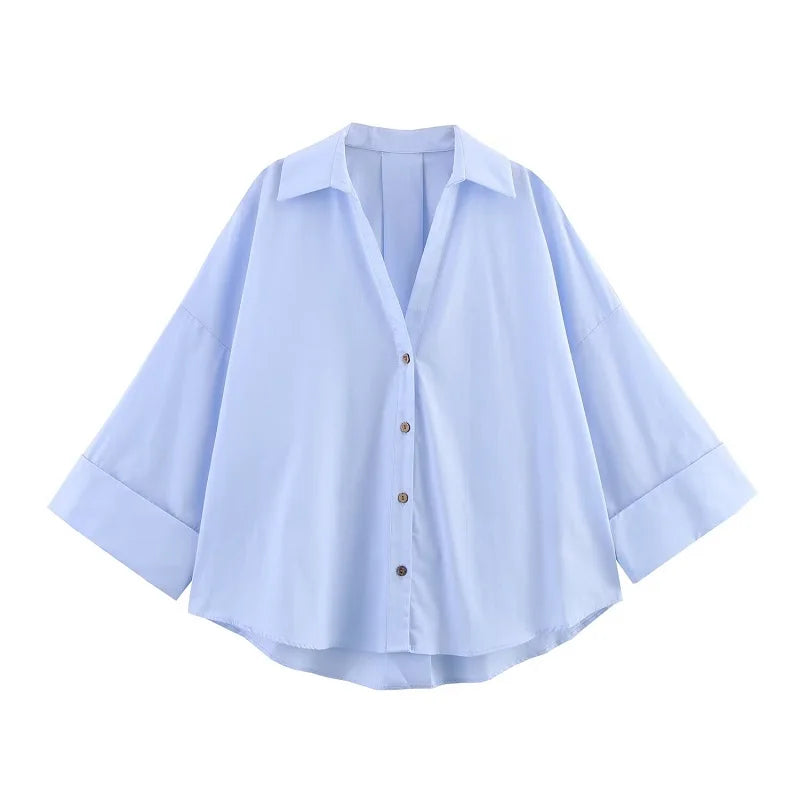 MUJER 2025 Oversized Striped Shirt for Women – Casual Wide Sleeve White Blue Summer Blouse Trendy Loose Top 👕✨