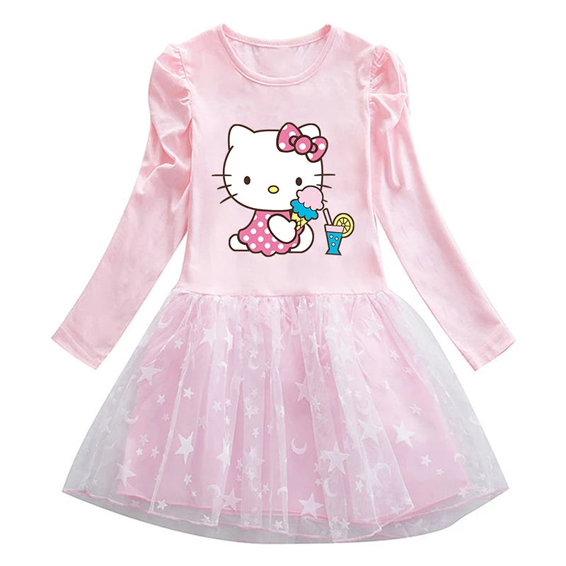 🍁 Hello Kitty Autumn Princess Dress 👗 Long Sleeve Mesh Dress for Baby Girls ✨ Toddler Cartoon Vestidos 2024