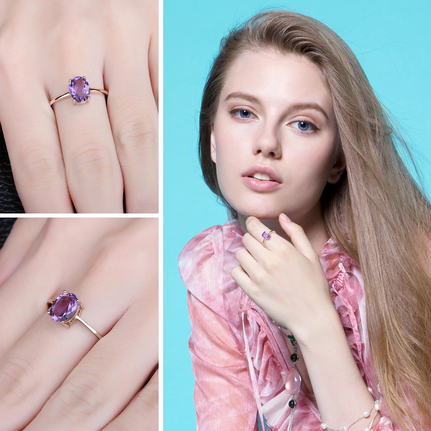 JewelryPalace 925 Sterling Silver Oval Gemstone Ring for Women | Rose & Yellow Gold Plated Amethyst Citrine Garnet Topaz Peridot Ring