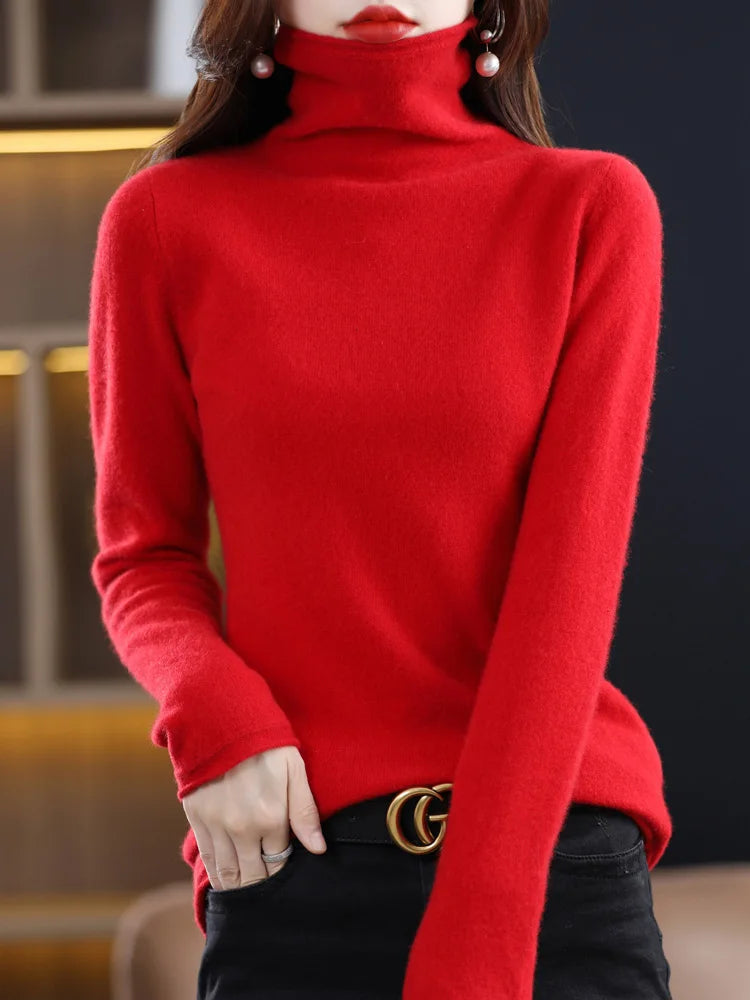 Women’s 100% Merino Wool Sweater – Autumn Winter Pile Collar Pullover Knitwear 🧶🍂