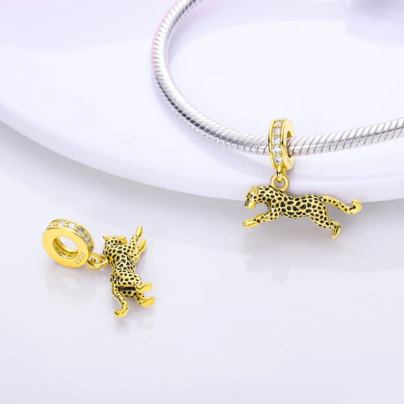 Gold Series Sun & Leopard Charm Beads – Original 925 Sterling Silver Inlaid Zircon DIY Pendants for Bracelet Jewelry Gifts