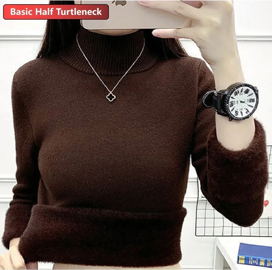 Women Winter Thicken Turtleneck Sweater – Slim Knit Plush Velvet Lined Warm Pullover Jumper
