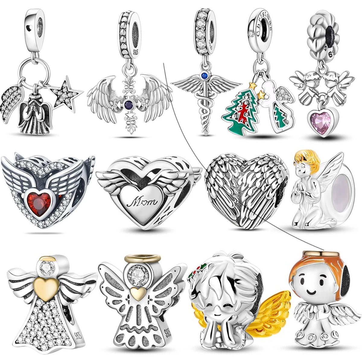 S925 Silver Angel Baby Charms | Heart Shape Wings Dangle Beads Fit Bracelet & Necklace