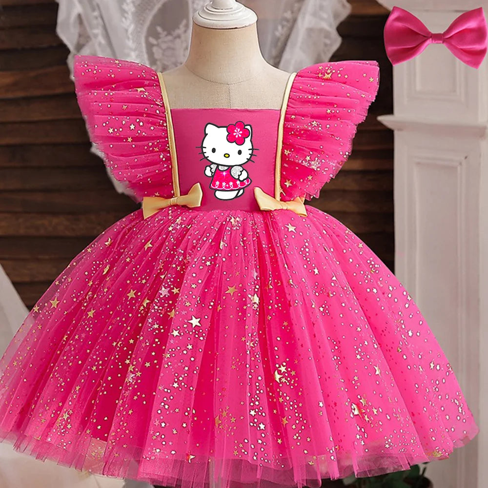 ✨ Hello Kitty Princess Dress for Girls 👑 Sequined Star Tutu Gown 🎀 Ruffle Bow Kids Party & Prom Dress