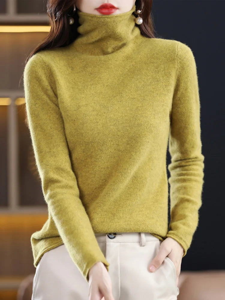 Women’s 100% Merino Wool Sweater – Autumn Winter Pile Collar Pullover Knitwear 🧶🍂