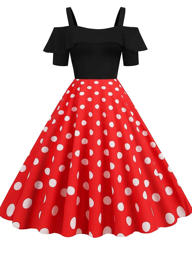 Off-Shoulder Elegant Vintage Party Dress – Women’s Summer Polka Dot Ruffles A-Line Midi Dress