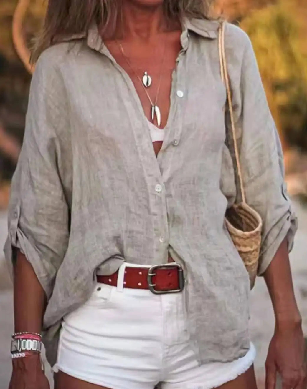 Women’s Solid Color Loose Seven-Quarter Sleeve Shirt – Cross-Border Europe & USA 2025 Fashion
