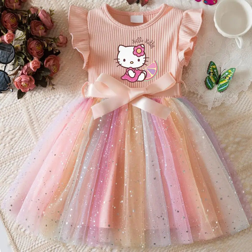 Hello Kitty Flying Sleeves Bow Sequin Princess Dress for Girls | Birthday Party Tutu Dress | Fluffy Baby Girl Dress 1–5 Years