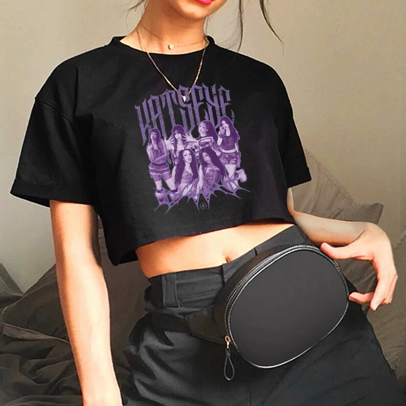 Sexy Graphic Crop Top for Women – Gothic Y2K 90s Korean Style Katseye Print Cropped T-Shirt