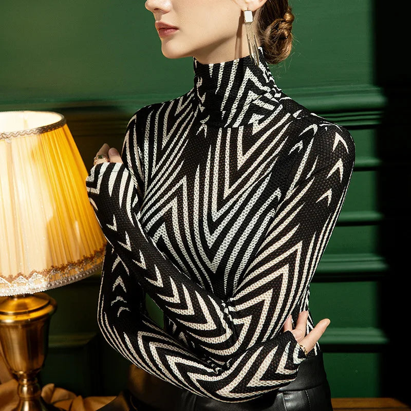 #4383 Striped Printed Tight Turtleneck Women’s Tee – Long Sleeve Elegant Office Shirt 👚🖤