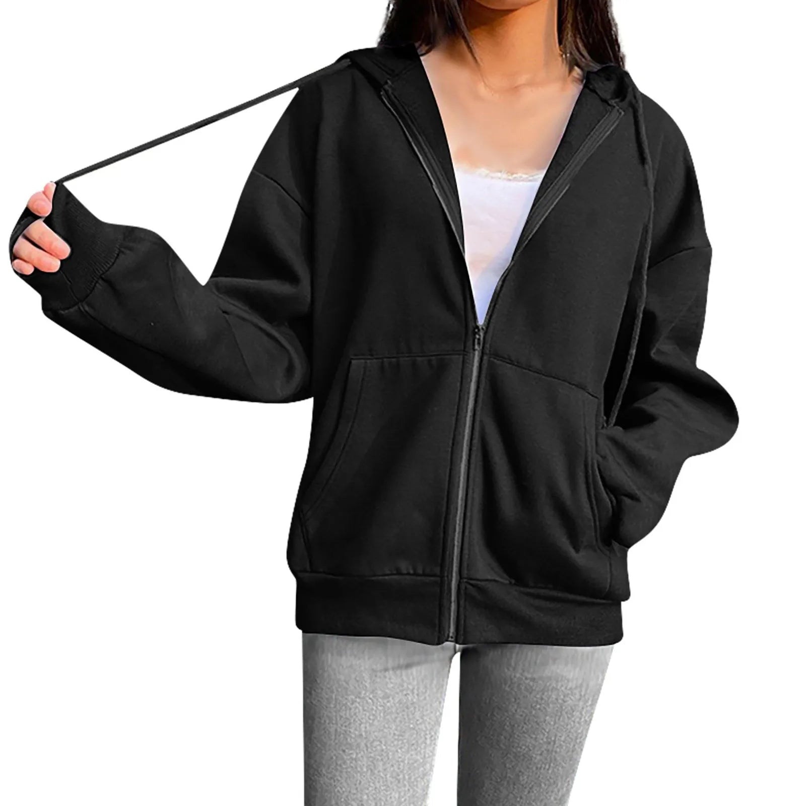 Spring Autumn Women Solid Color Hooded Sweatshirt Coat | Zipper Pocket Hoodie Jacket | Casual Outerwear Femme