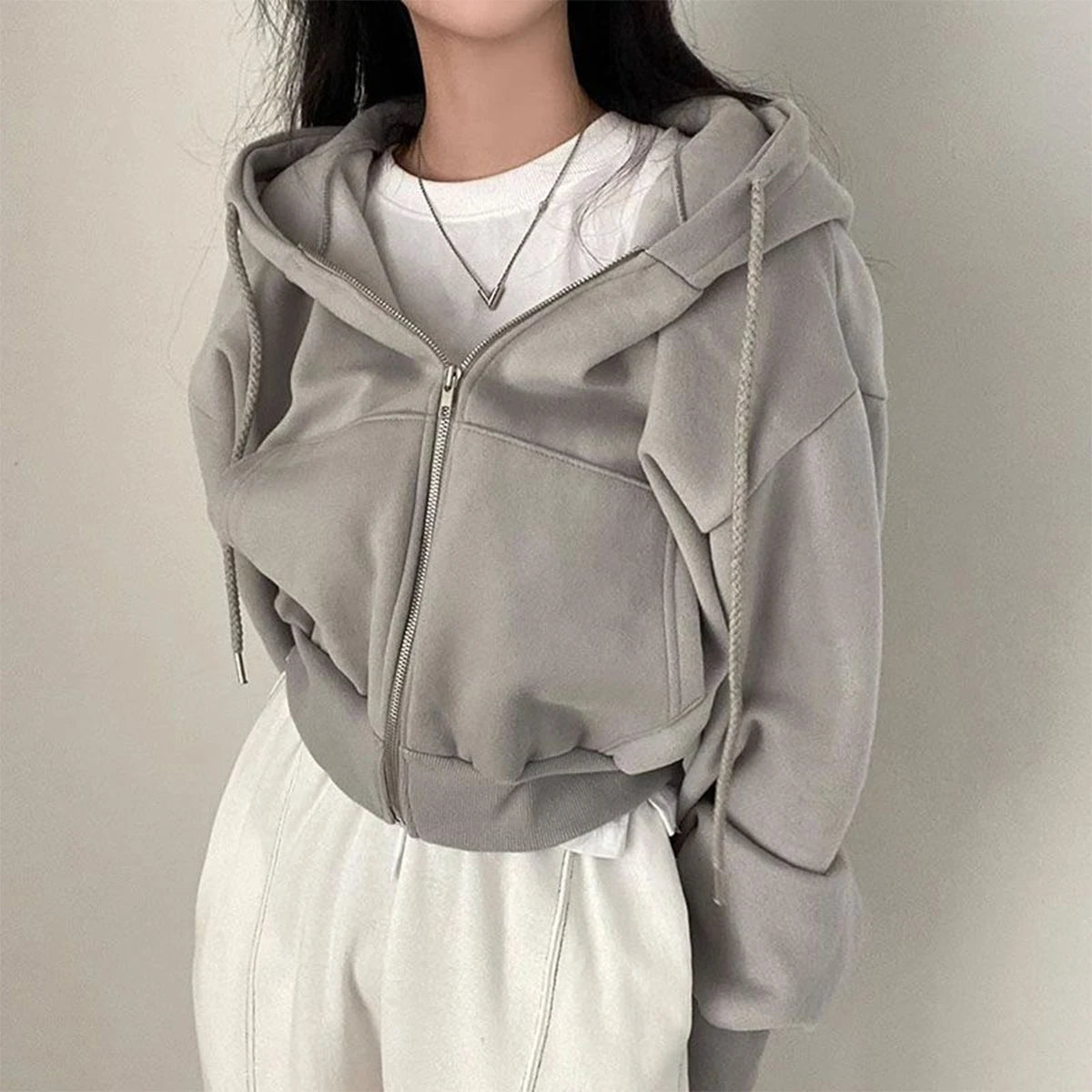 Women's Oversized Zip Up Hoodie | Retro Solid Color Sweatshirt | Autumn Harajuku Loose Short Jacket