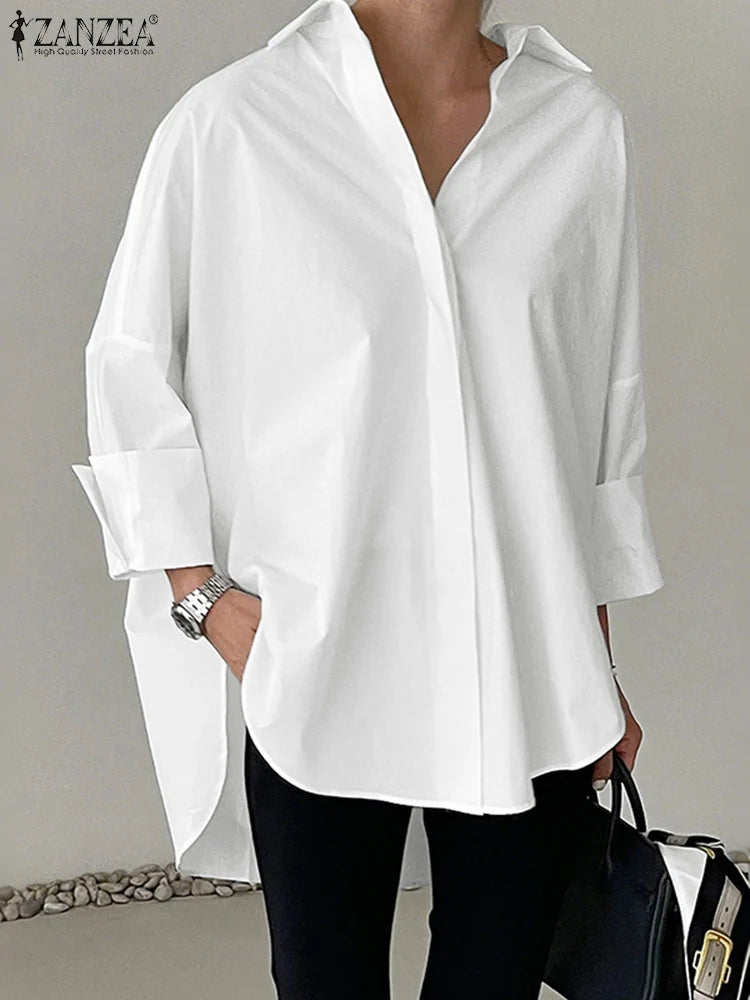 ZANZEA Oversized White Shirt Women – Turn-Down Collar Long Sleeve High-Low Top 2025 Autumn 🤍✨