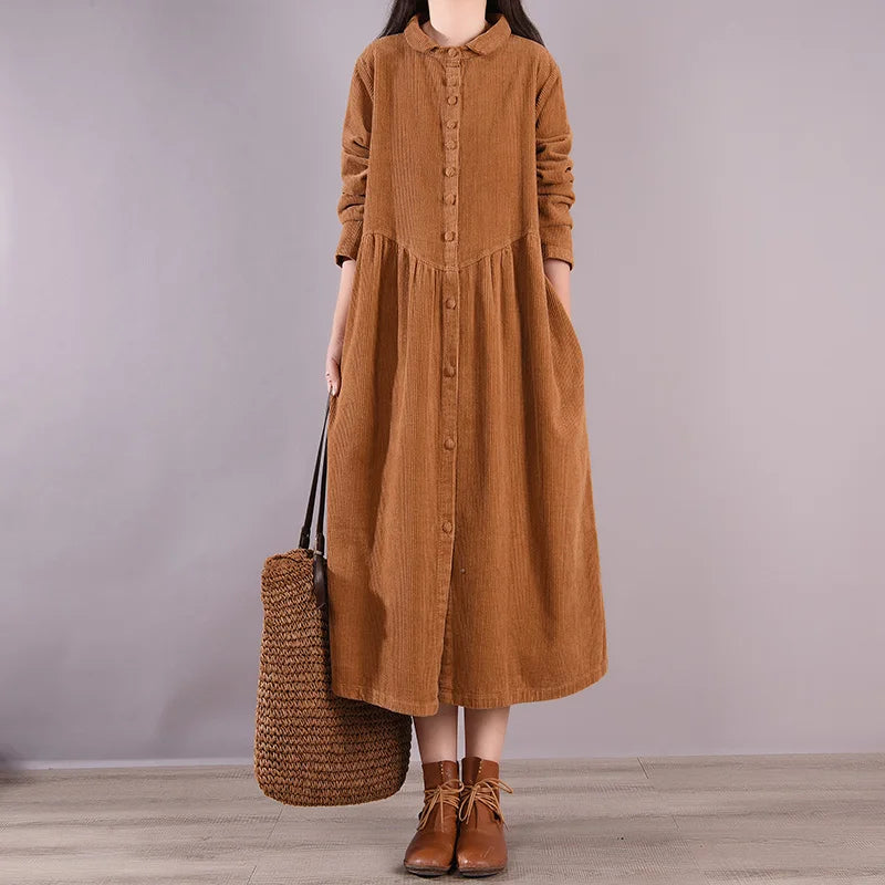 Retro Pure Color Corduroy Dr Loose Casual Long irt Dr Women's A-Line Skirt Long Sve  Collar Single Button Closure