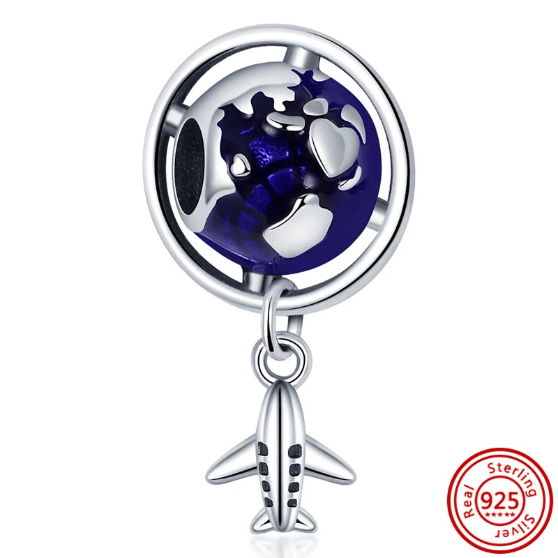 925 Sterling Silver Travel Series Charms | Airplane Passport Luggage Sun Moon Star Beads Fit Original Bracelet Jewelry