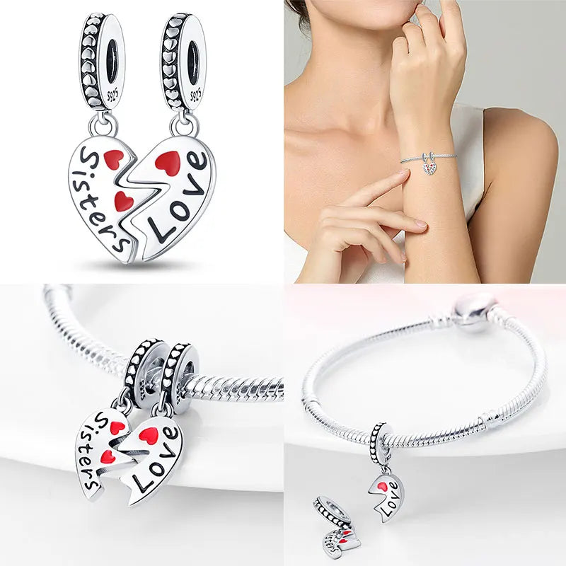 925 Sterling Silver Sweetheart Sister Charm | Fit Original Pandora & 3mm Bracelets DIY Jewelry Gift for Women