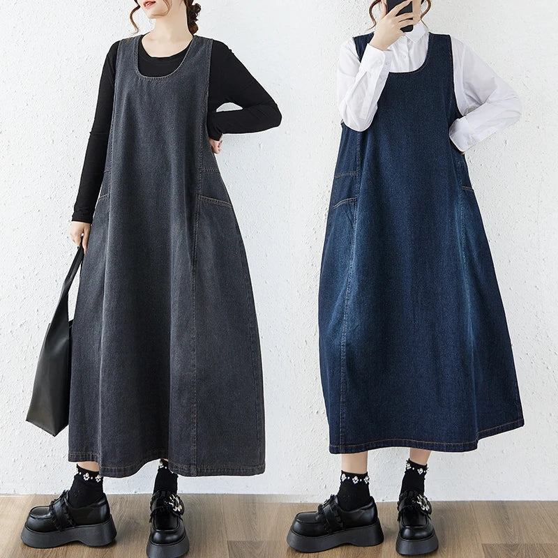 Loose Korean Style Plus Size Denim Vest Skirt – High Waist Over-Knee Slimming Cotton Jeans Corset Casual Dress for Women