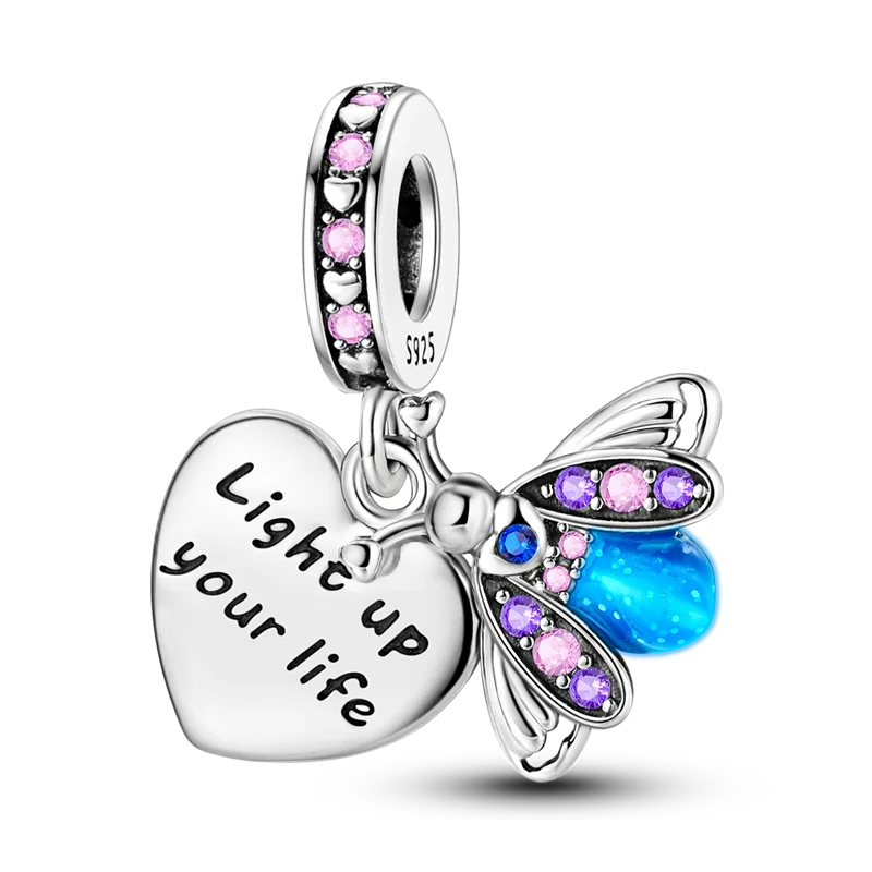 2025 Hot Sale 925 Sterling Silver Pink Butterfly Luminous Firefly Charm | Dangle Bead Fit Bracelet Necklace DIY Jewelry