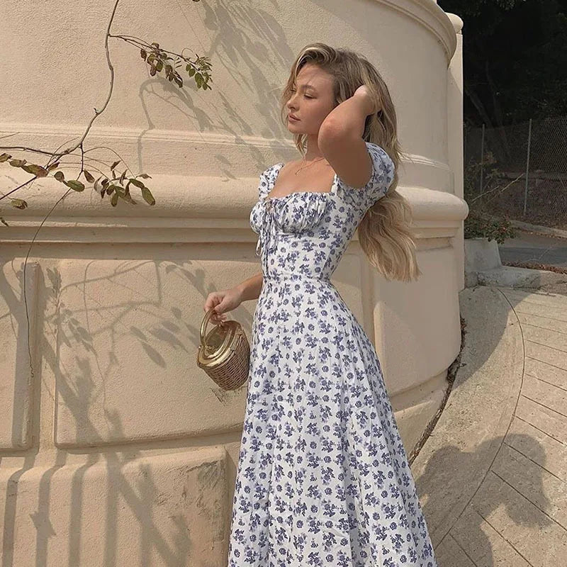 Y2K Vintage Blue Floral Dress – Women’s Elegant Summer Party Puff Sleeve Split Long Dress | Sexy Aesthetic 2024