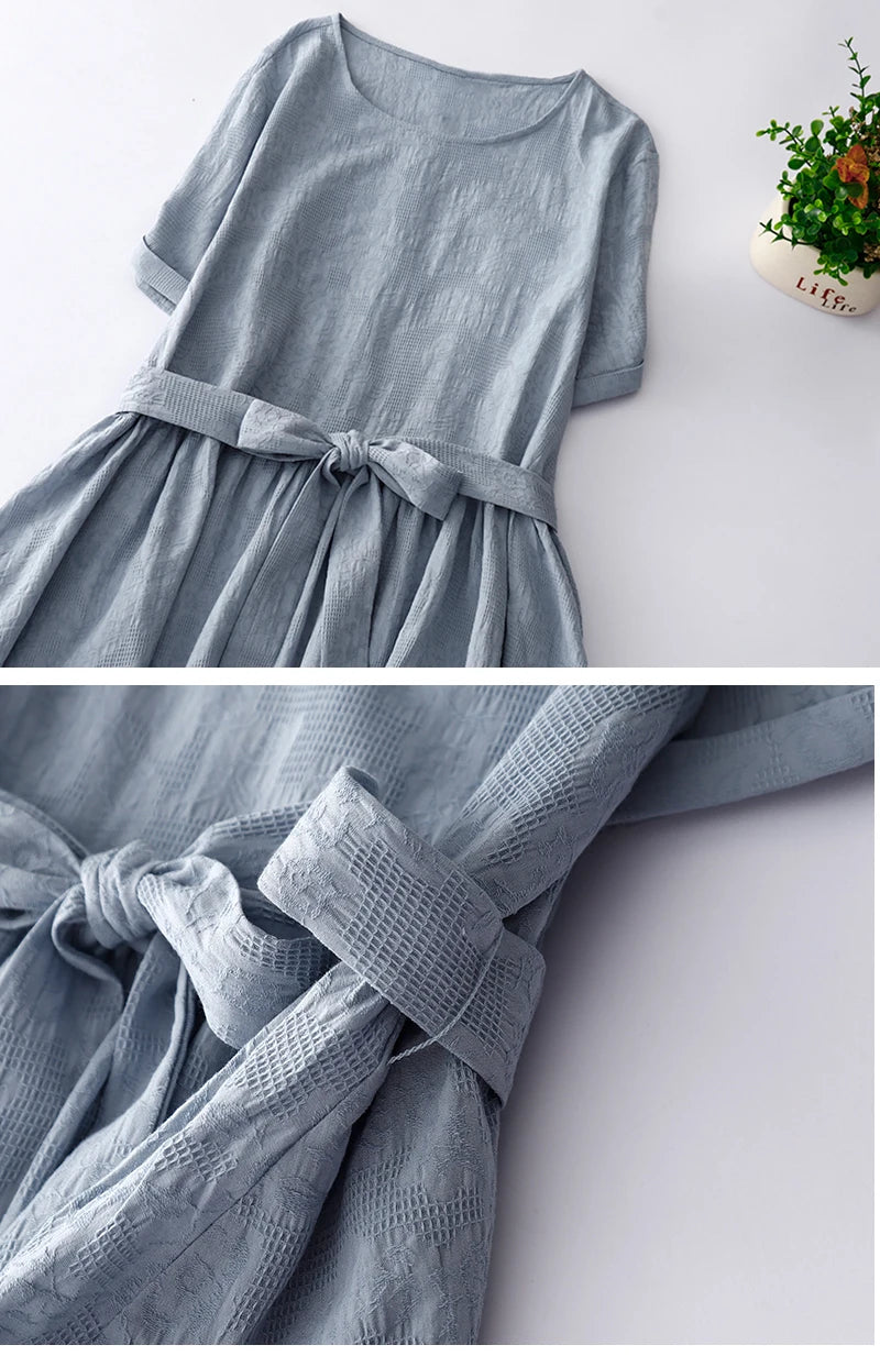 Japanese Style Loose Cotton Linen Dress – Women’s Vintage A-Line Over-Knee Long Dress with Round Neck