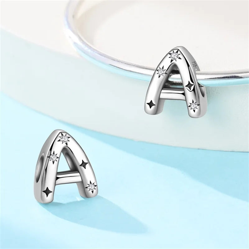Classic 925 Sterling Silver A–Z Alphabet Charms | Letter Beads with Stars Fit Original Bracelet DIY Jewelry for Women