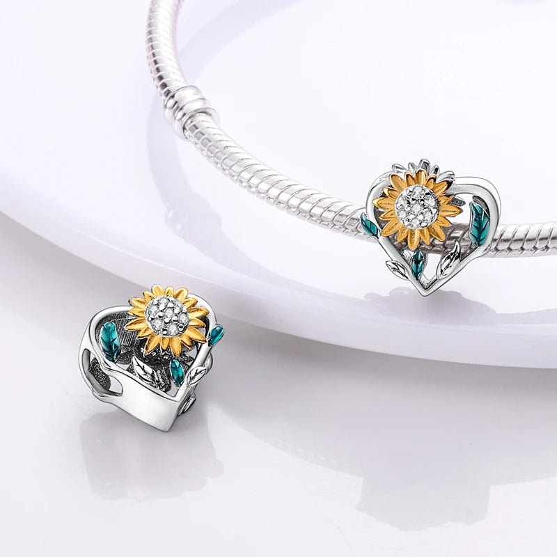 New 925 Sterling Silver Sunflower Heart Charm Bead | Original Bracelet DIY Jewelry Gift for Women