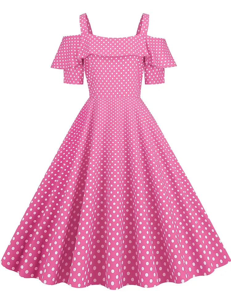 Off-Shoulder Elegant Vintage Party Dress – Women’s Summer Polka Dot Ruffles A-Line Midi Dress