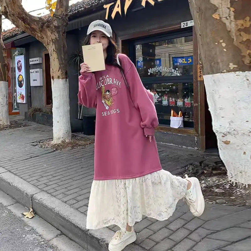 Sweet School Style Pink Lace Sweatshirt Dress – High Waist A-Line Cute Casual Women’s Fashion