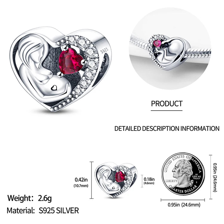 925 Sterling Silver Mother Daughter Love Embrace Pendant Charm | Heart Shaped Bracelet Bead DIY Fine Jewelry Gift