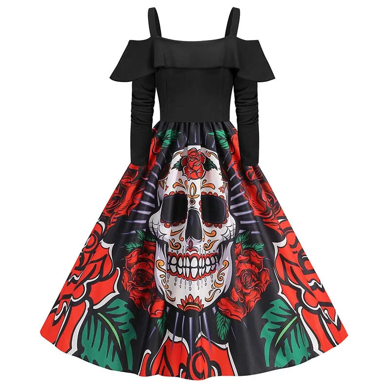 Elegant Spaghetti Strap Halloween Party Dress – Vintage Long Sleeve Ruffle Evening Prom Costume for Women | Autumn Winter