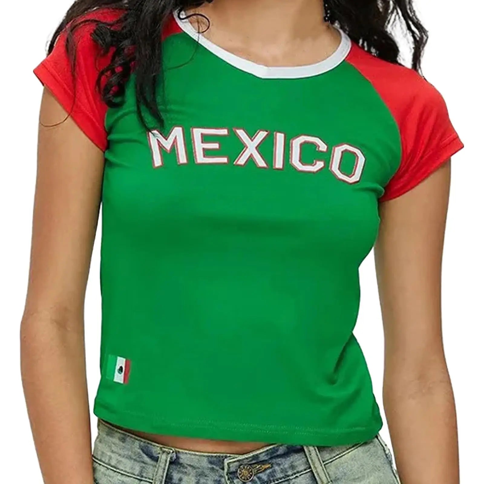 Y2K Colombia Print Punk Grunge Patchwork T-Shirt – Women’s Slim Sexy Crop Top Streetwear